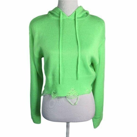 Wild Honey Neon Green Distressed Sweater Hoodie - Picture 2 of 11